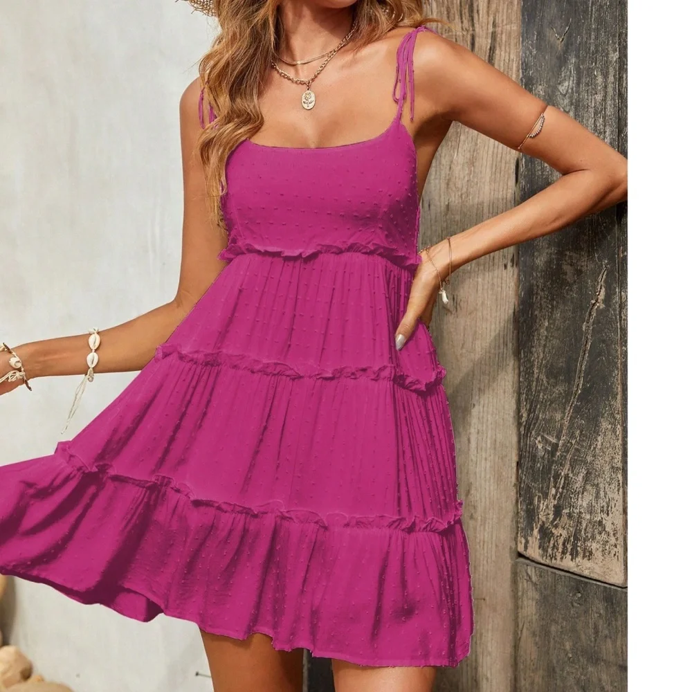 Swiss Dot Shoulder Tie Ruffle Hem Mini Dress - Picture 3 of 8